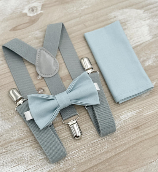 Mist Bow tie & Suspenders | Dusty Gray Braces | Sky Blue Bow | Dusty Blue Bowtie | Pocket Square | Ring Bearer Outfit | Rustic Wedding Set