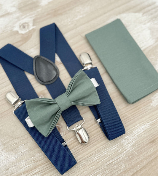 Eucalyptus Bow tie & Suspenders | Navy Braces | Pocket Square | Ring Bearer Outfit | Boho Wedding | Rustic Wedding Outfit | Groomsman Gift