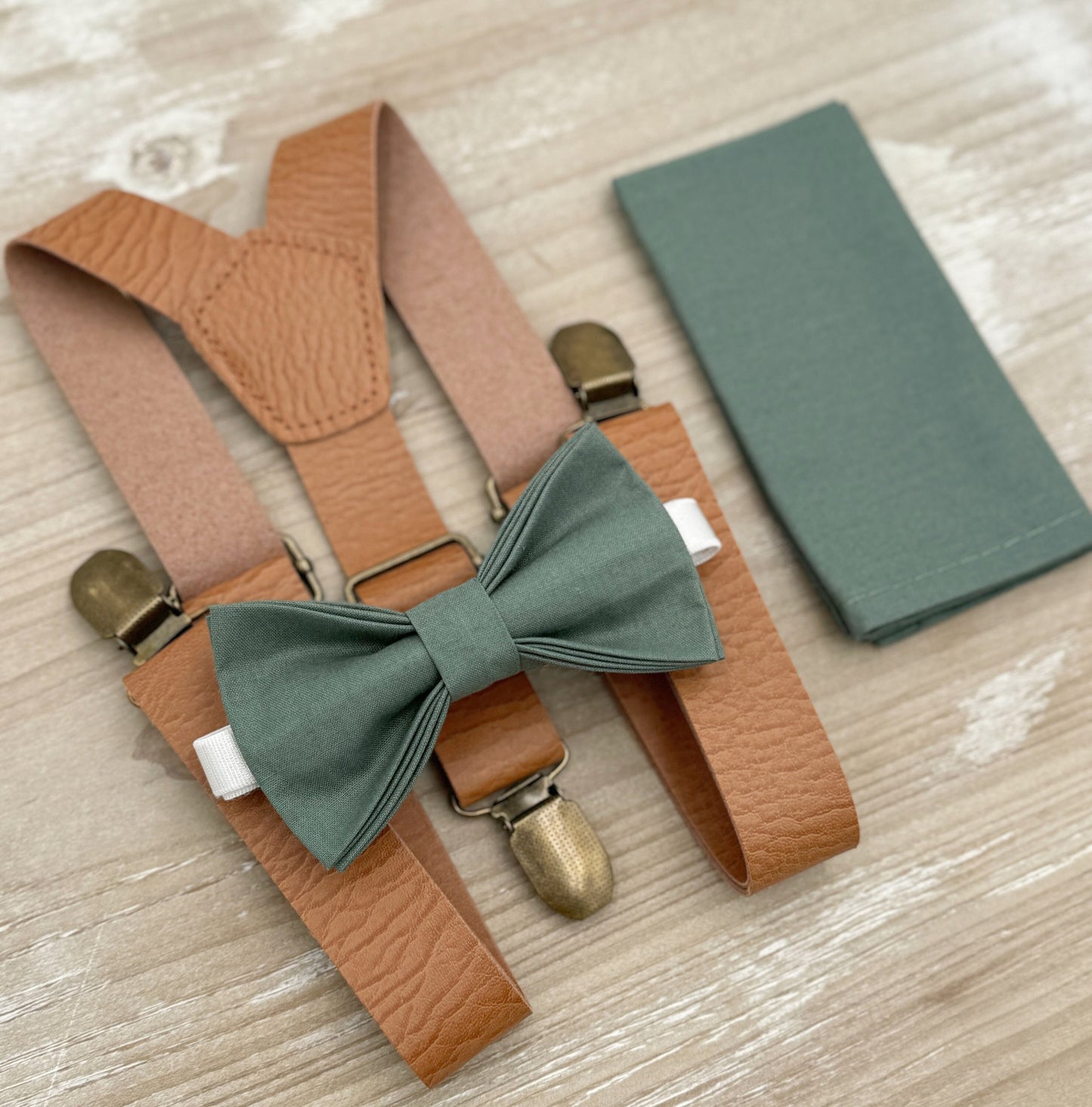 Eucalyptus Bow Tie and Suspenders – All Sizes for Men and Boys, Leather Suspenders, Pocket Square, Ring Bearer Gift, Rustic Wedding