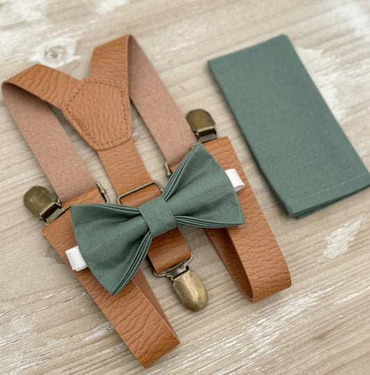 Eucalyptus Bow Tie and Suspenders – All Sizes for Men and Boys, Leather Suspenders, Pocket Square, Ring Bearer Gift, Rustic Wedding