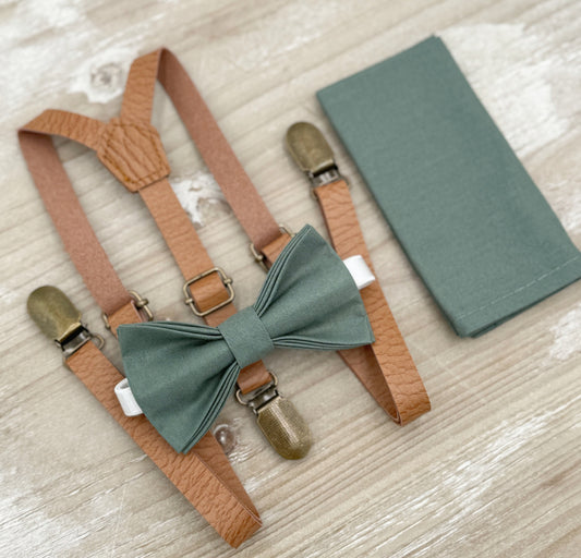 Eucalyptus Bow tie & Suspenders | Skinny Leather Light Brown Braces | Pocket Square | Ring Bearer Outfit | Boho Rustic Wedding