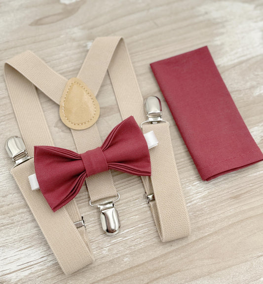 Rosewood Bow tie & Suspenders | Champagne Tan Braces | Desert Rose Bow | Pocket Square | Ring Bearer Outfit | Boho Rustic Wedding