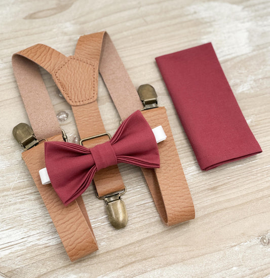 Rosewood Bow tie & Suspenders | Leather Light Brown Braces | Desert Rose Bow | Pocket Square | Ring Bearer Outfit | Boho Rustic Wedding