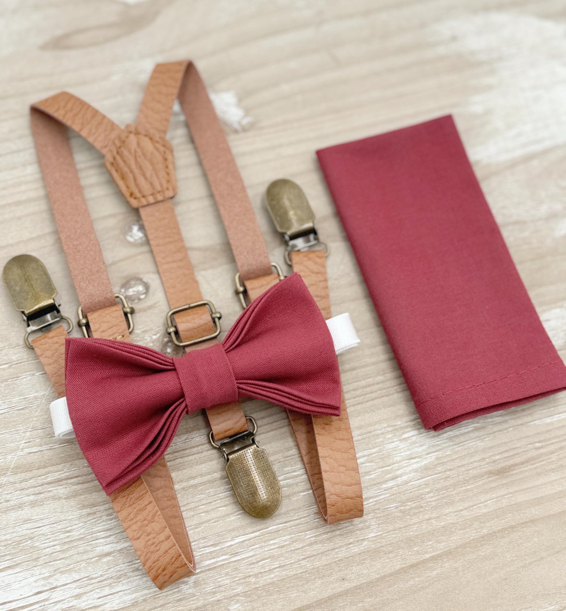 Rosewood Bow tie & Suspenders | Skinny Leather Light Brown Braces | Desert Rose Bow | Pocket Square | Ring Bearer Outfit | Rustic Wedding