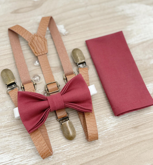 Rosewood Bow tie & Suspenders | Skinny Leather Light Brown Braces | Desert Rose Bow | Pocket Square | Ring Bearer Outfit | Rustic Wedding