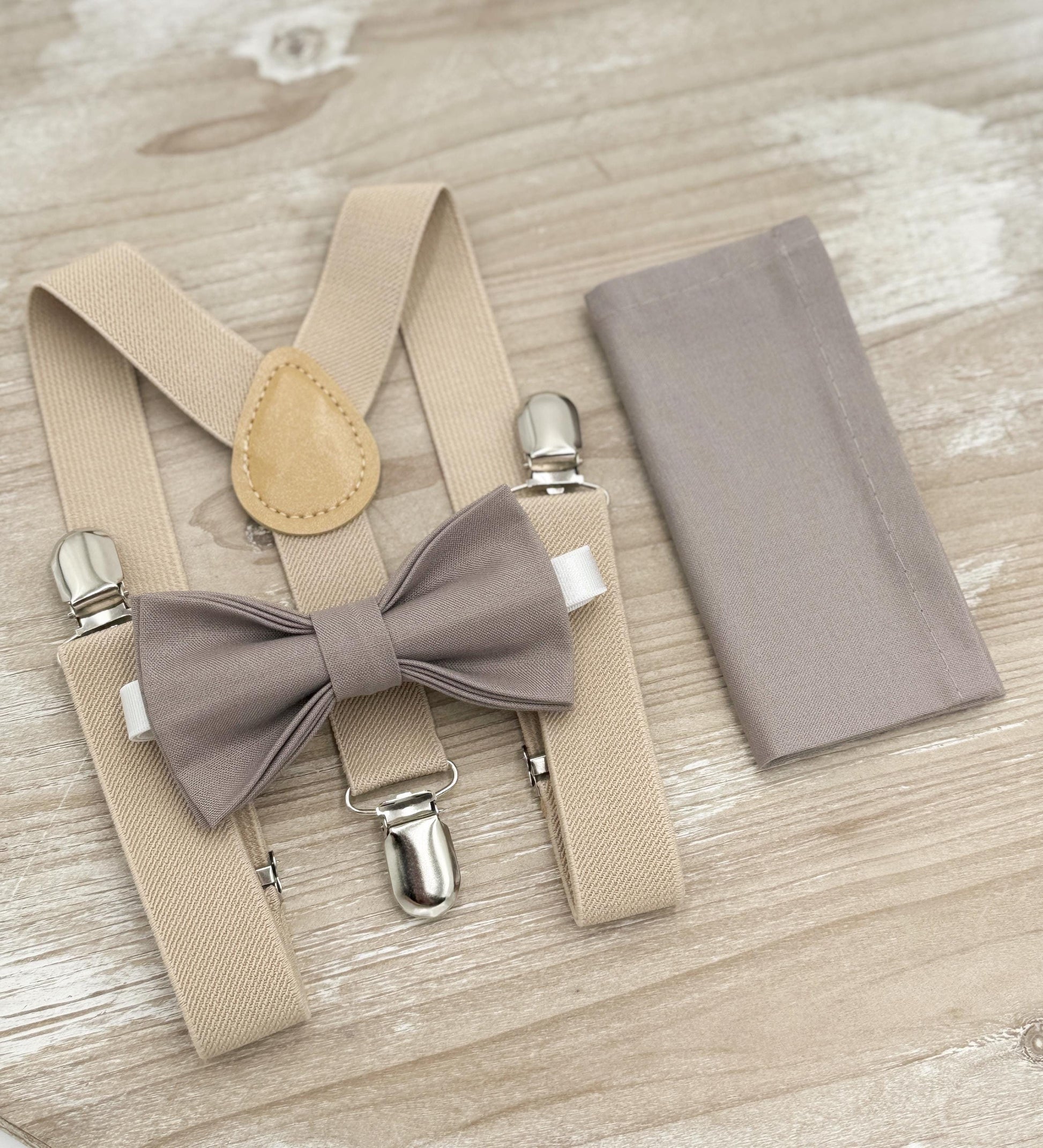Toffee Bow tie & Suspenders | Champagne Tan Braces | Hazelnut Bow | Portobello Bowtie | Pocket Square | Ring Bearer Outfit | Boho Wedding