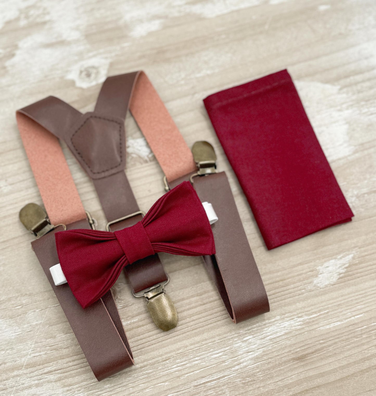 Burgundy Bow tie & Suspenders | Leather Braces | Pocket Square | Ring Bearer Outfit | Boho Rustic Wedding