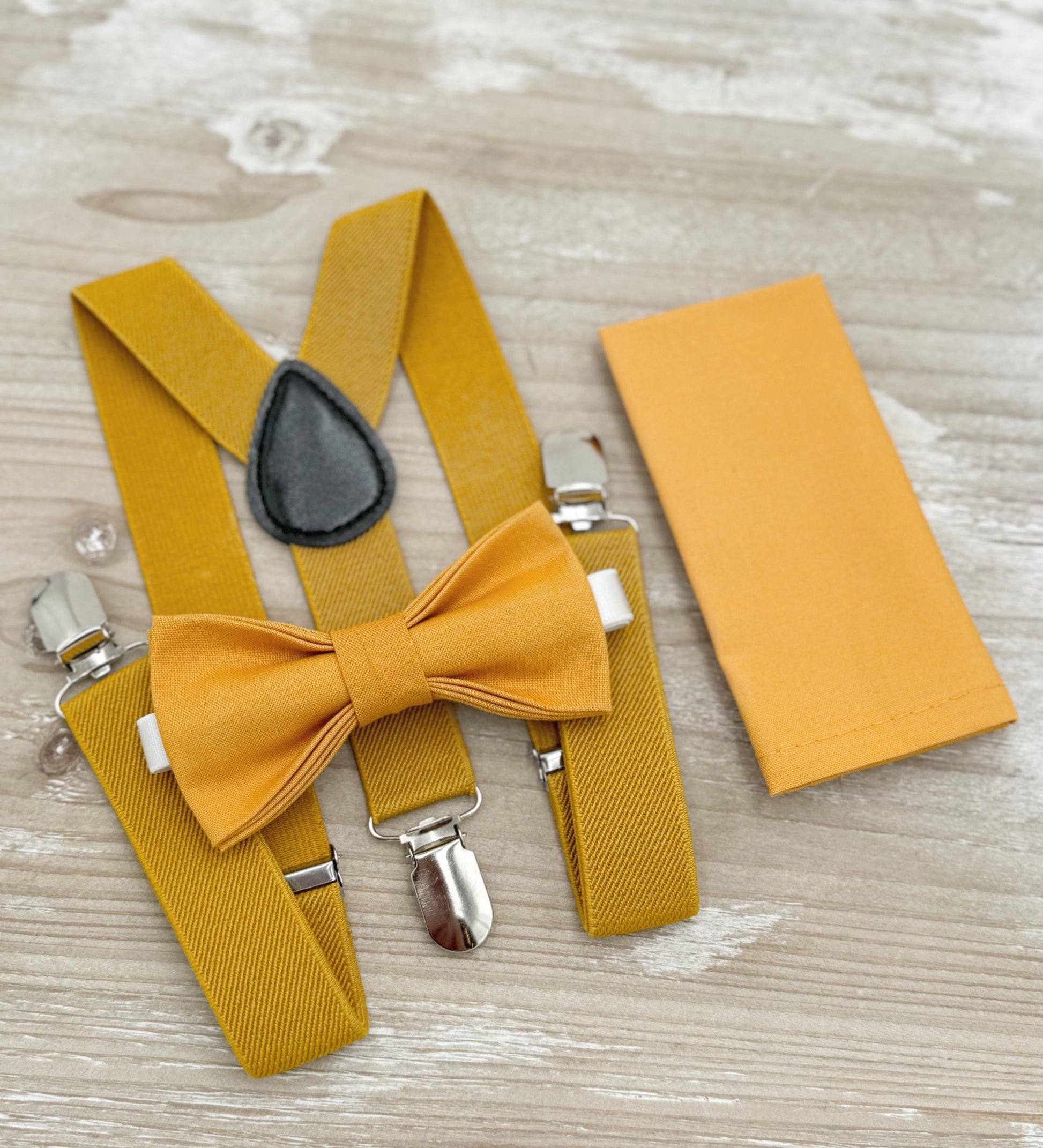 Marigold Bow tie & Suspenders | Mustard Yellow Braces | Pocket Square | Ring Bearer Outfit | Boho Rustic Wedding