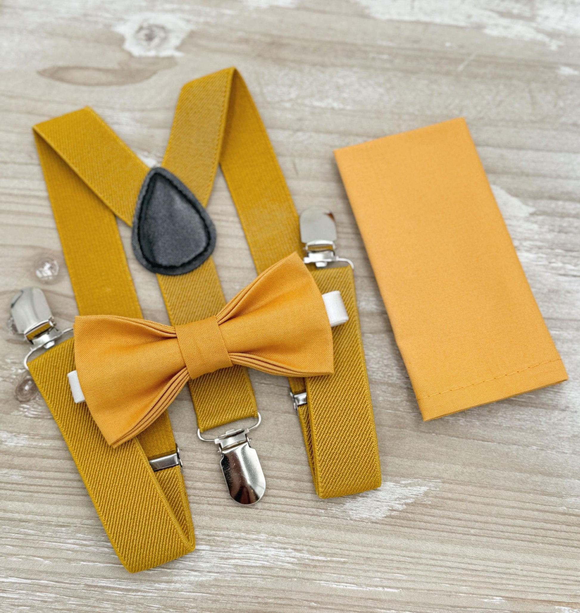 Marigold Bow tie & Suspenders | Mustard Yellow Braces | Pocket Square | Ring Bearer Outfit | Boho Rustic Wedding