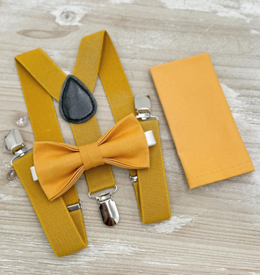 Marigold Bow tie & Suspenders | Mustard Yellow Braces | Pocket Square | Ring Bearer Outfit | Boho Rustic Wedding