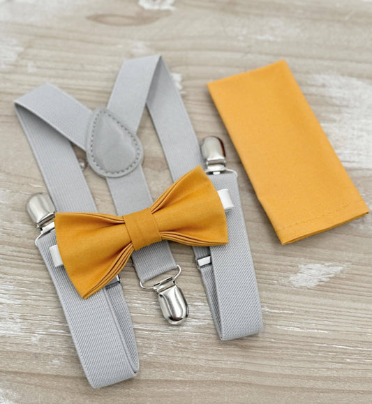 Marigold Bow tie & Suspenders | Light Gray Braces | Pocket Square | Ring Bearer Outfit | Boho Rustic Wedding