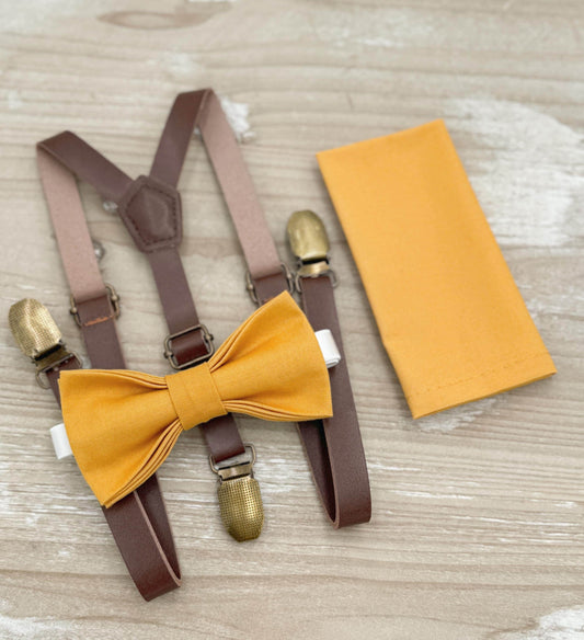 Marigold Bow tie & Suspenders | Skinny Leather Light Braces | Pocket Square | Ring Bearer Outfit | Boho Rustic Wedding