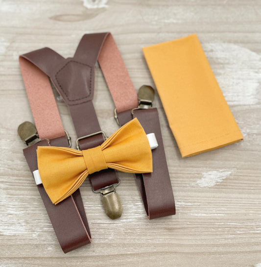 Marigold Bow tie & Suspenders | Leather Braces | Pocket Square | Ring Bearer Outfit | Boho Rustic Wedding