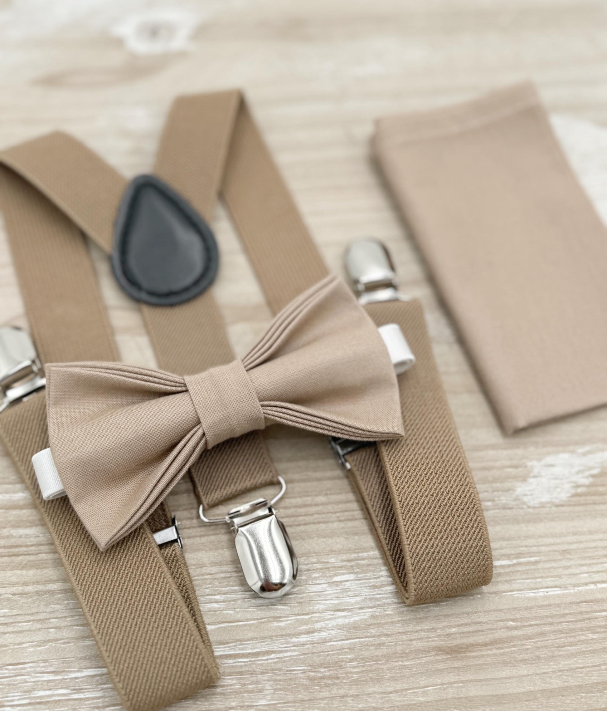 Light Taupe Bow tie & Suspenders | Taupe Braces | Pocket Square | Ring Bearer Outfit | Boho Rustic Wedding