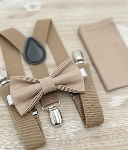 Light Taupe Bow tie & Suspenders | Taupe Braces | Pocket Square | Ring Bearer Outfit | Boho Rustic Wedding