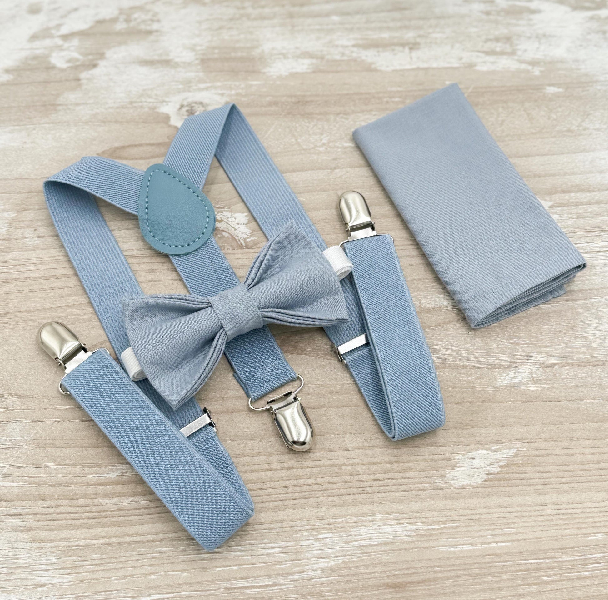 Dusty Blue Bow tie & Suspenders | Pocket Square | Ring Bearer Outfit | Boho Rustic Wedding