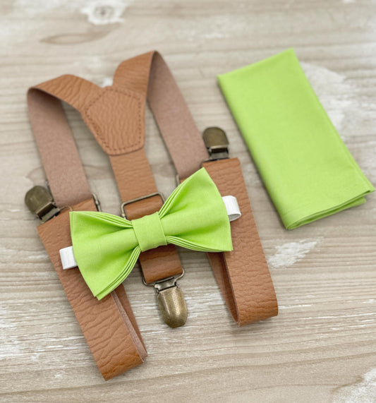 Pear Bow tie & Suspenders | Leather Light Brown Braces | Lime Green Bowtie | Pocket Square | Ring Bearer Outfit | Boho Rustic Wedding