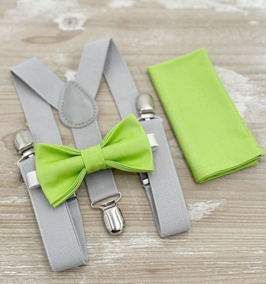 Pear Bow tie & Suspenders | Light Gray Braces | Lime Green Bow Tie | Pocket Square | Ring Bearer Outfit | Boho Rustic Wedding