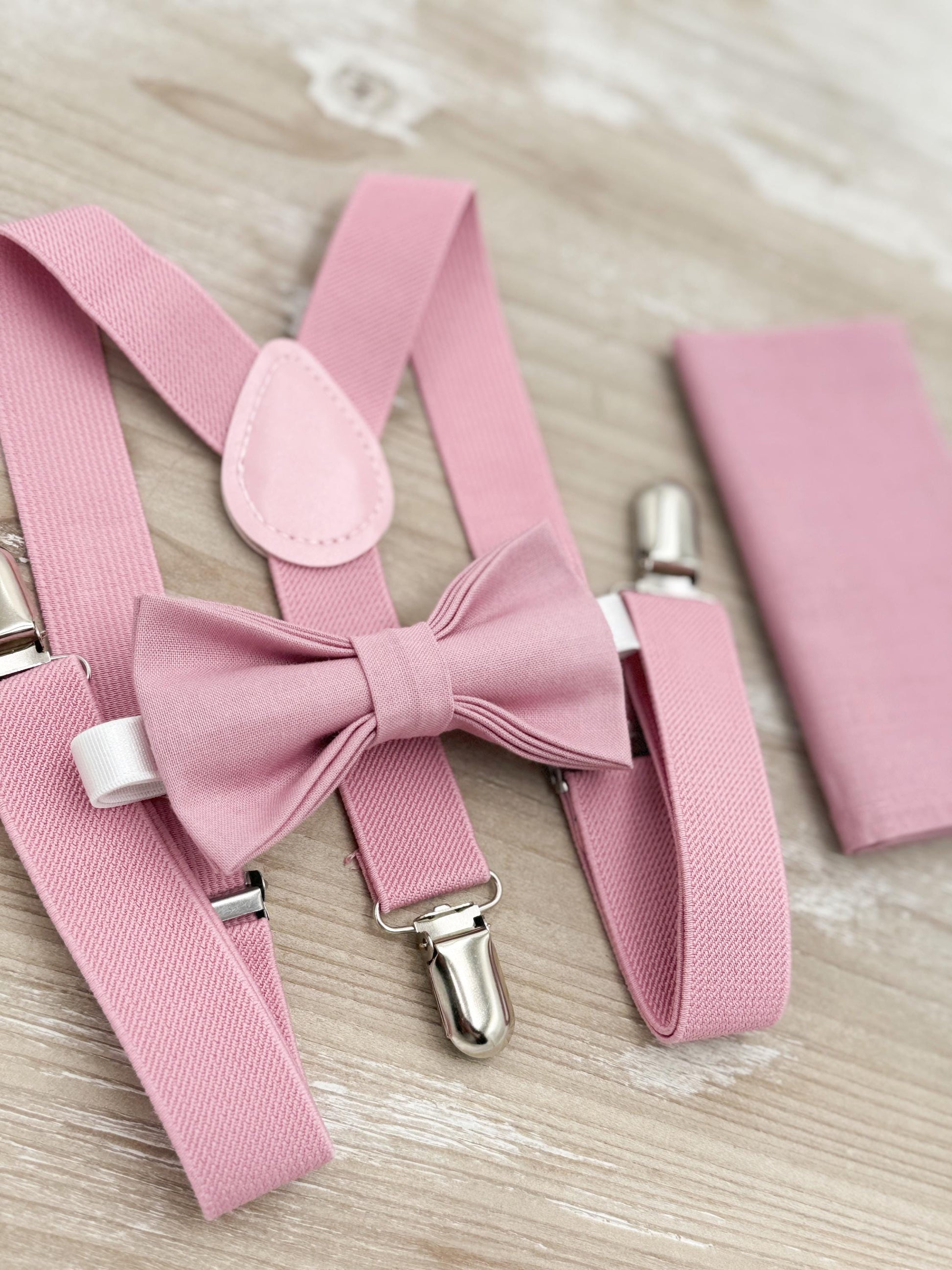 Vintage Mauve Bow Tie and Suspenders Set – All Sizes for Men and Boys, Quartz Bowtie, Pocket Square, Ring Bearer Outfit, Groomsman Gift