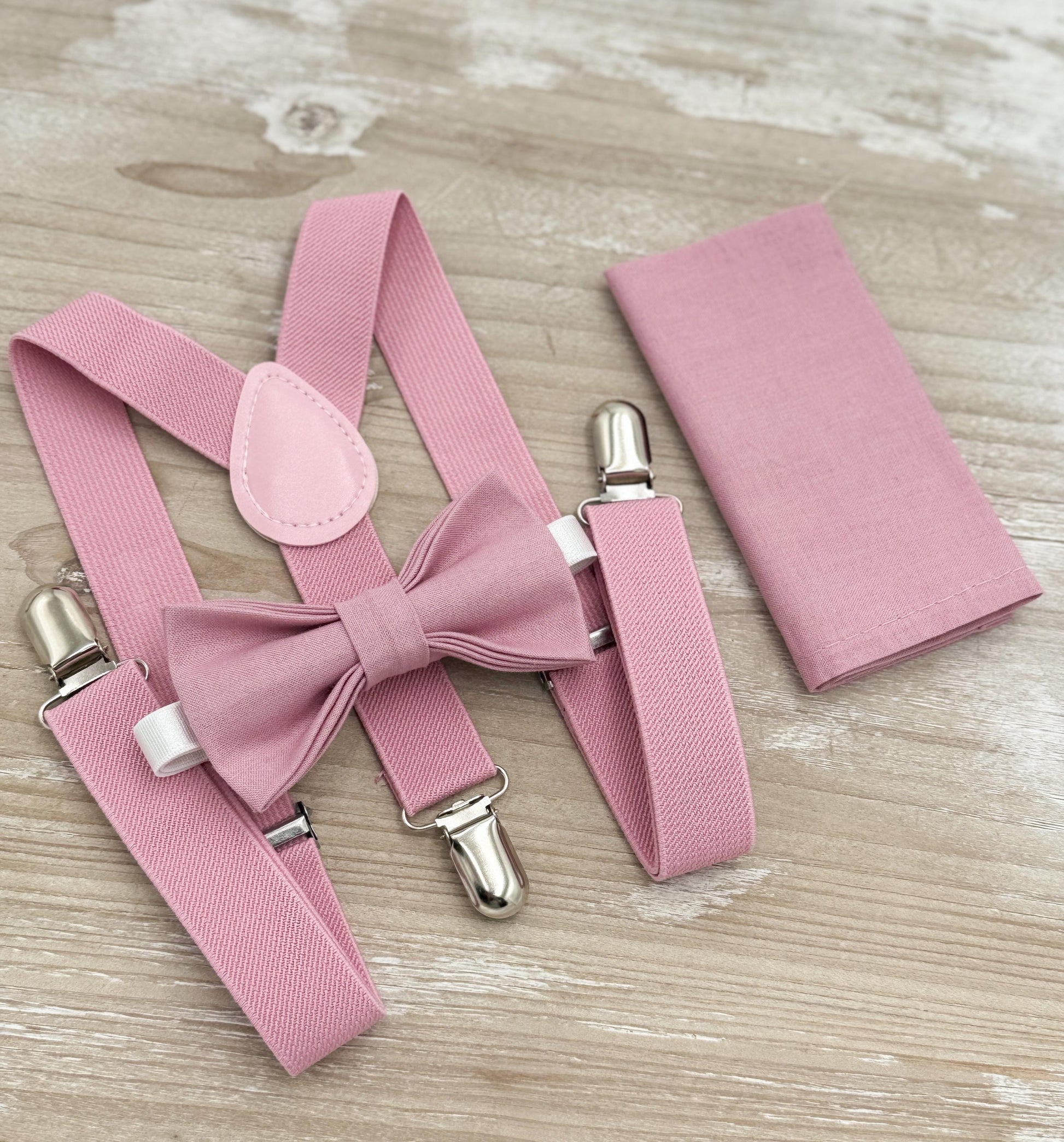Vintage Mauve Bow Tie and Suspenders Set – All Sizes for Men and Boys, Quartz Bowtie, Pocket Square, Ring Bearer Outfit, Groomsman Gift