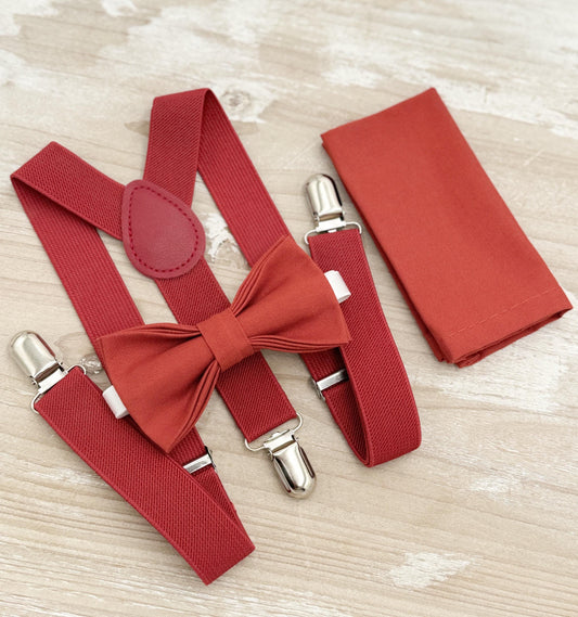 Terracotta Bow tie & Suspenders | Cinnamon Bowtie | Pocket Square | Ring Bearer Outfit | Boho Rustic Wedding