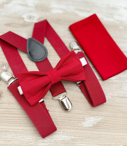 Apple Red Bow tie & Suspenders | Pocket Square | Ring Bearer Outfit | Boho Rustic Wedding | Holiday Christmas Outfit