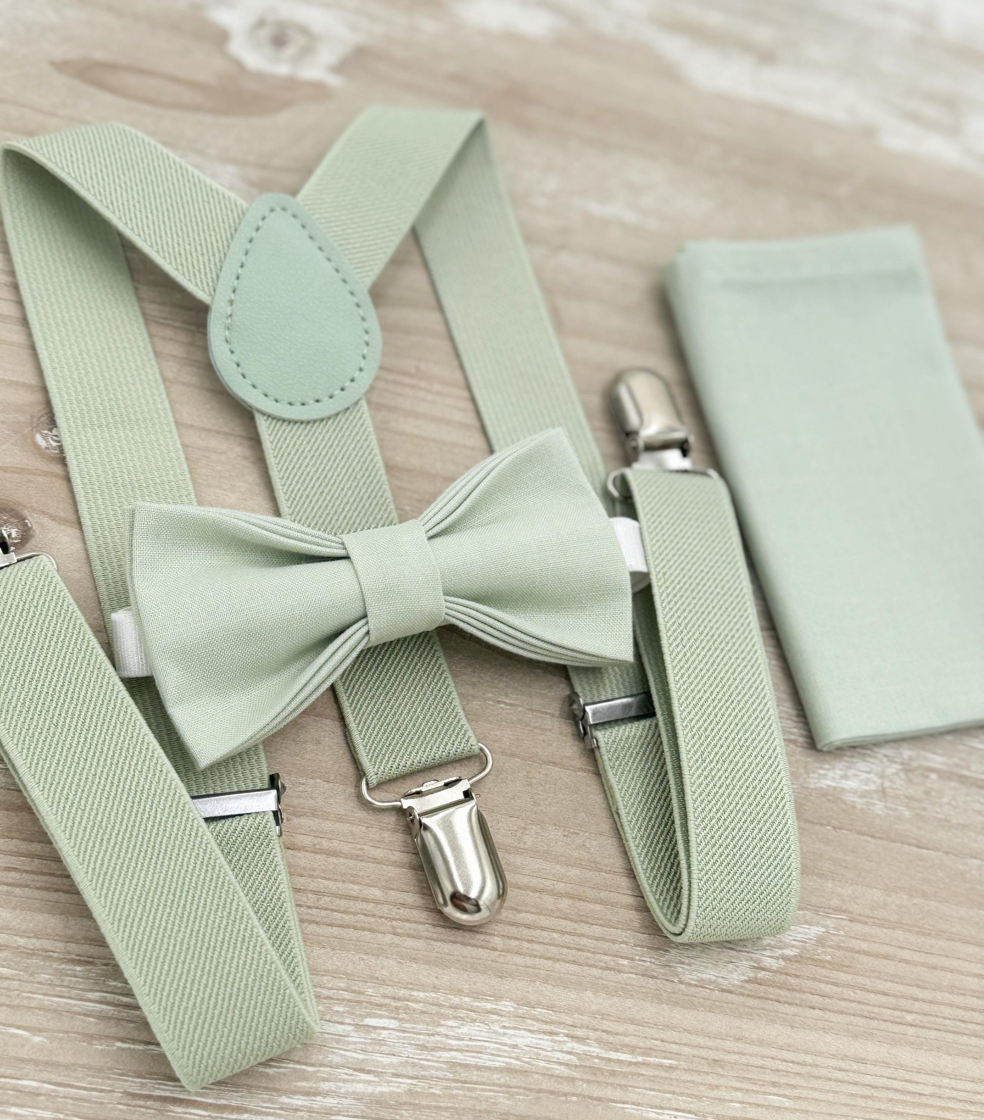 Dusty Sage Bow tie & Suspenders, Pocket Square, Ring Bearer Outfit, Boho Rustic Wedding