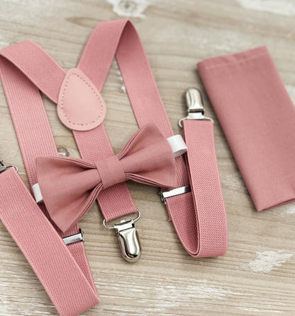 Desert Coral Bow Tie & Suspenders – All Sizes for Men and Boys, Pocket Square, Ring Bearer, Groomsman Gift, Boho Barn Wedding
