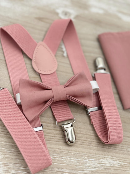 Desert Coral Bow Tie & Suspenders – All Sizes for Men and Boys, Pocket Square, Ring Bearer, Groomsman Gift, Boho Barn Wedding