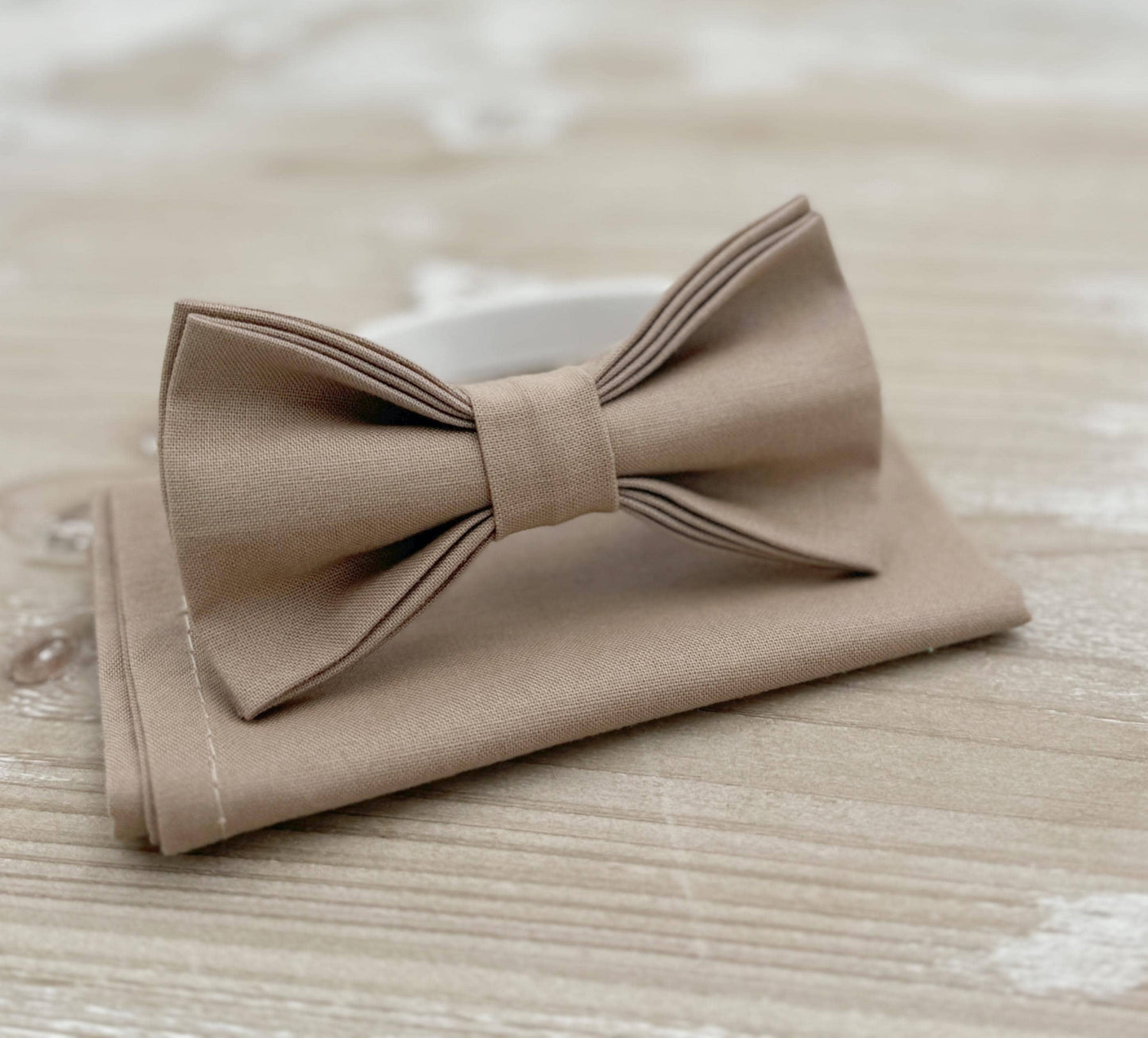Light Taupe Bow tie & Suspenders, Pocket Square, Ring Bearer Outfit, Boho Rustic Wedding
