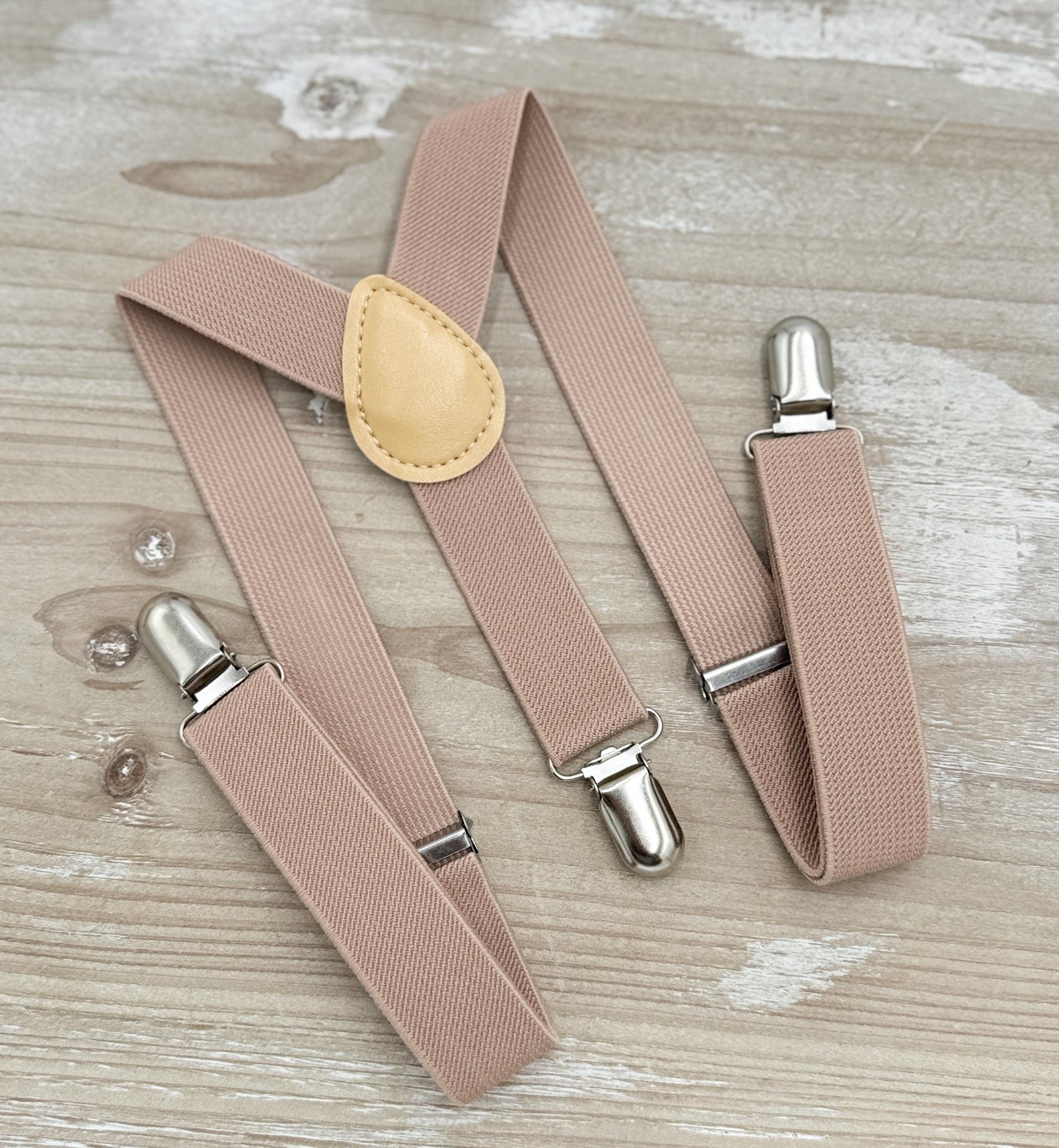 Light Taupe Bow tie & Suspenders, Pocket Square, Ring Bearer Outfit, Boho Rustic Wedding