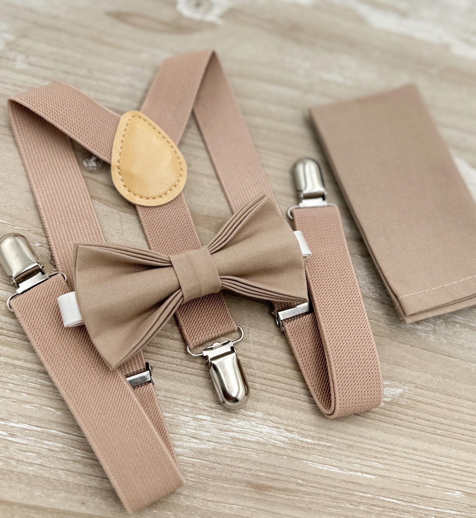 Light Taupe Bow tie & Suspenders, Pocket Square, Ring Bearer Outfit, Boho Rustic Wedding