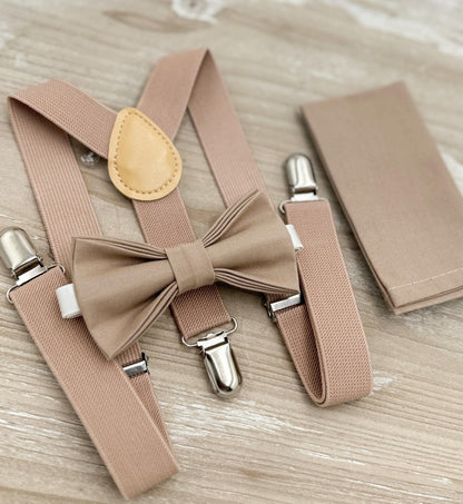 Light Taupe Bow tie & Suspenders, Pocket Square, Ring Bearer Outfit, Boho Rustic Wedding