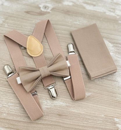 Light Taupe Bow tie & Suspenders, Pocket Square, Ring Bearer Outfit, Boho Rustic Wedding