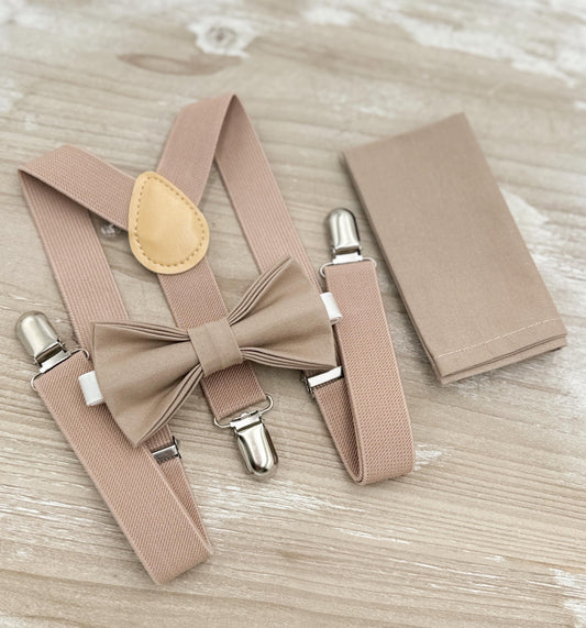 Light Taupe Bow tie & Suspenders, Pocket Square, Ring Bearer Outfit, Boho Rustic Wedding