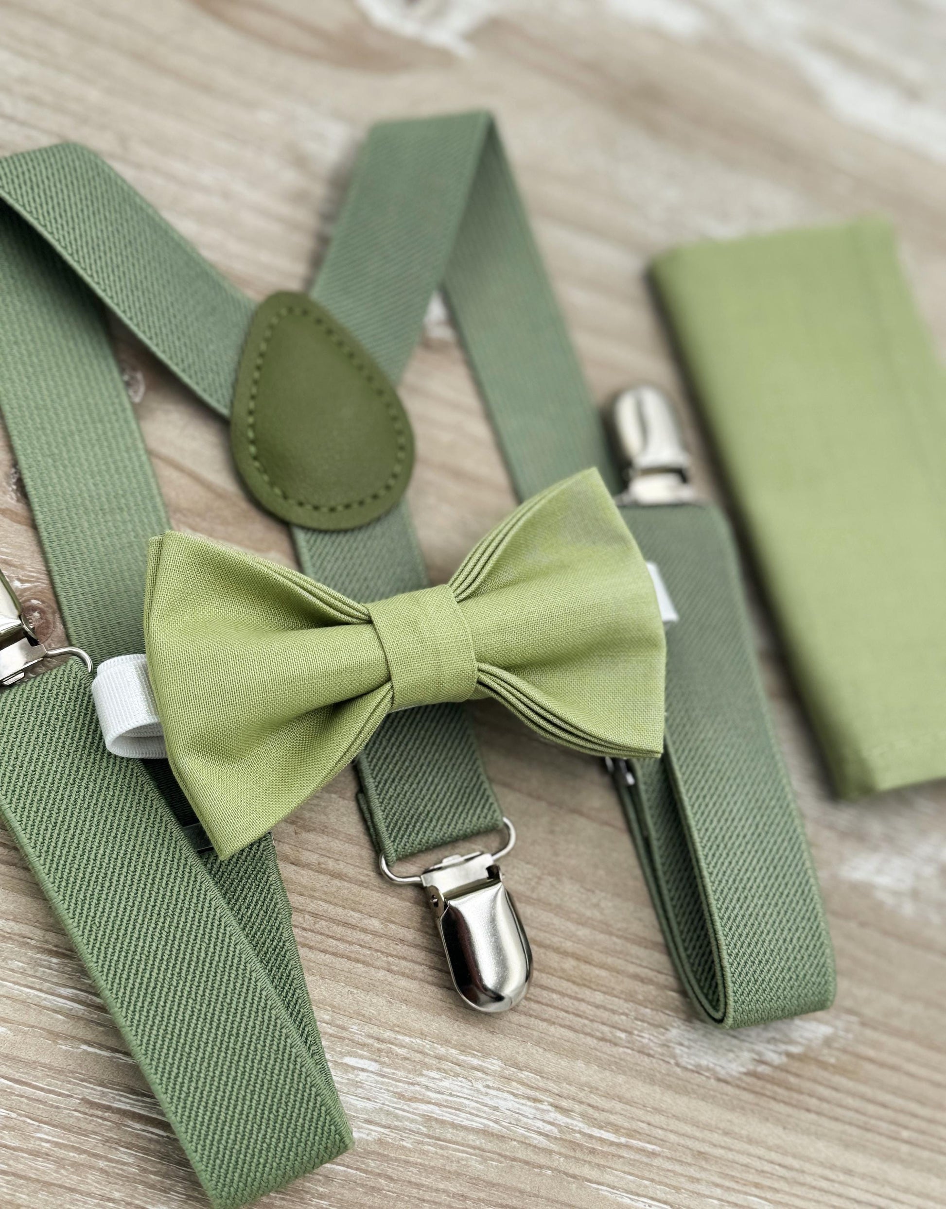 Pistachio Bow tie & Suspenders | Moss Braces | Eucalypt Suspenders | Pocket Square | Ring Bearer Outfit | Boho Rustic Wedding