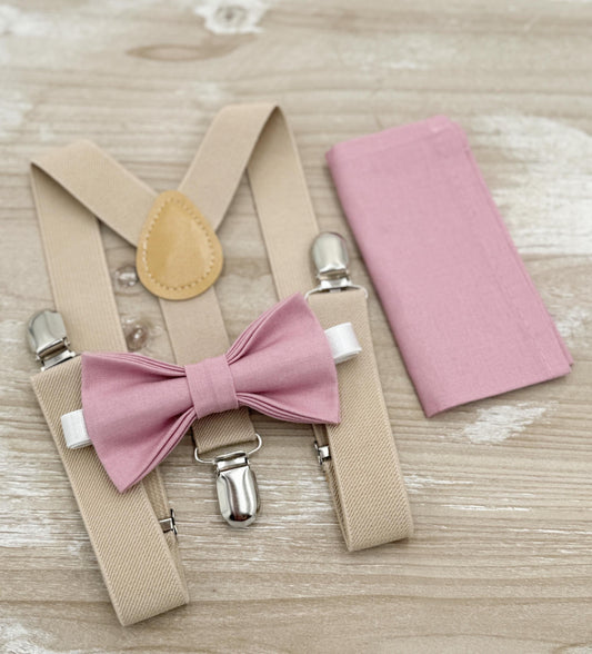 Vintage Mauve Bow tie & Suspenders | Champagne Tan Braces | Quartz Bow | Pocket Square | Ring Bearer Outfit | Boho Rustic Wedding