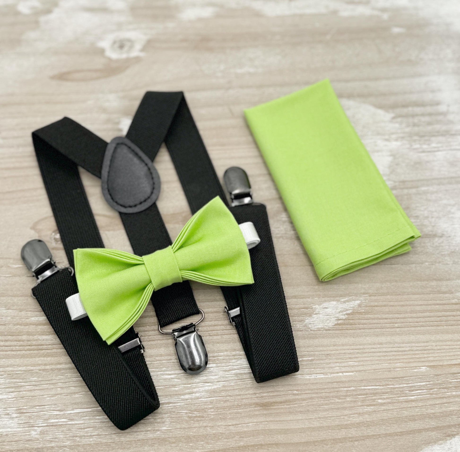 Pear Bow tie & Suspenders | Black Braces | Lime Green Bowtie | Pocket Square | Ring Bearer Outfit | Boho Rustic Wedding Set