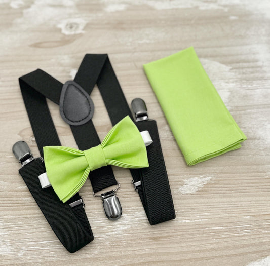Pear Bow tie & Suspenders | Black Braces | Lime Green Bowtie | Pocket Square | Ring Bearer Outfit | Boho Rustic Wedding Set