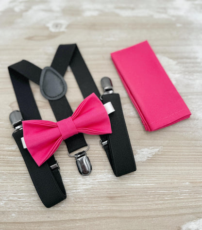 Fuchsia Bow tie & Suspenders | Black Braces | Begonia Pink Bowtie | Pocket Square | Ring Bearer Outfit | Boho Rustic Wedding Set