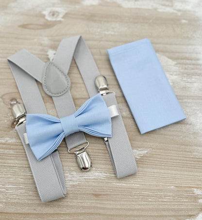 Ice Blue Bow tie & Suspenders | Light Gray Braces | Pocket Square | Ring Bearer Outfit | Boho Rustic Wedding Set