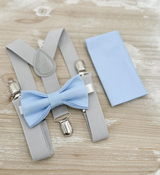 Ice Blue Bow tie & Suspenders | Light Gray Braces | Pocket Square | Ring Bearer Outfit | Boho Rustic Wedding Set