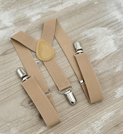 Ice Blue Bow tie & Suspenders | Nude Beige Braces | Pocket Square | Ring Bearer Outfit | Boho Rustic Wedding Set