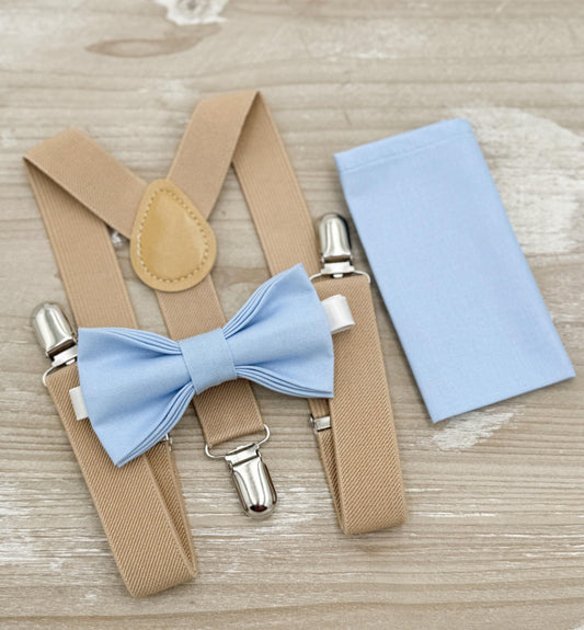 Ice Blue Bow tie & Suspenders | Nude Beige Braces | Pocket Square | Ring Bearer Outfit | Boho Rustic Wedding Set