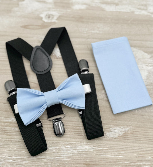 Ice Blue Bow tie & Suspenders | Black Braces | Pocket Square | Ring Bearer Outfit | Boho Rustic Wedding Set
