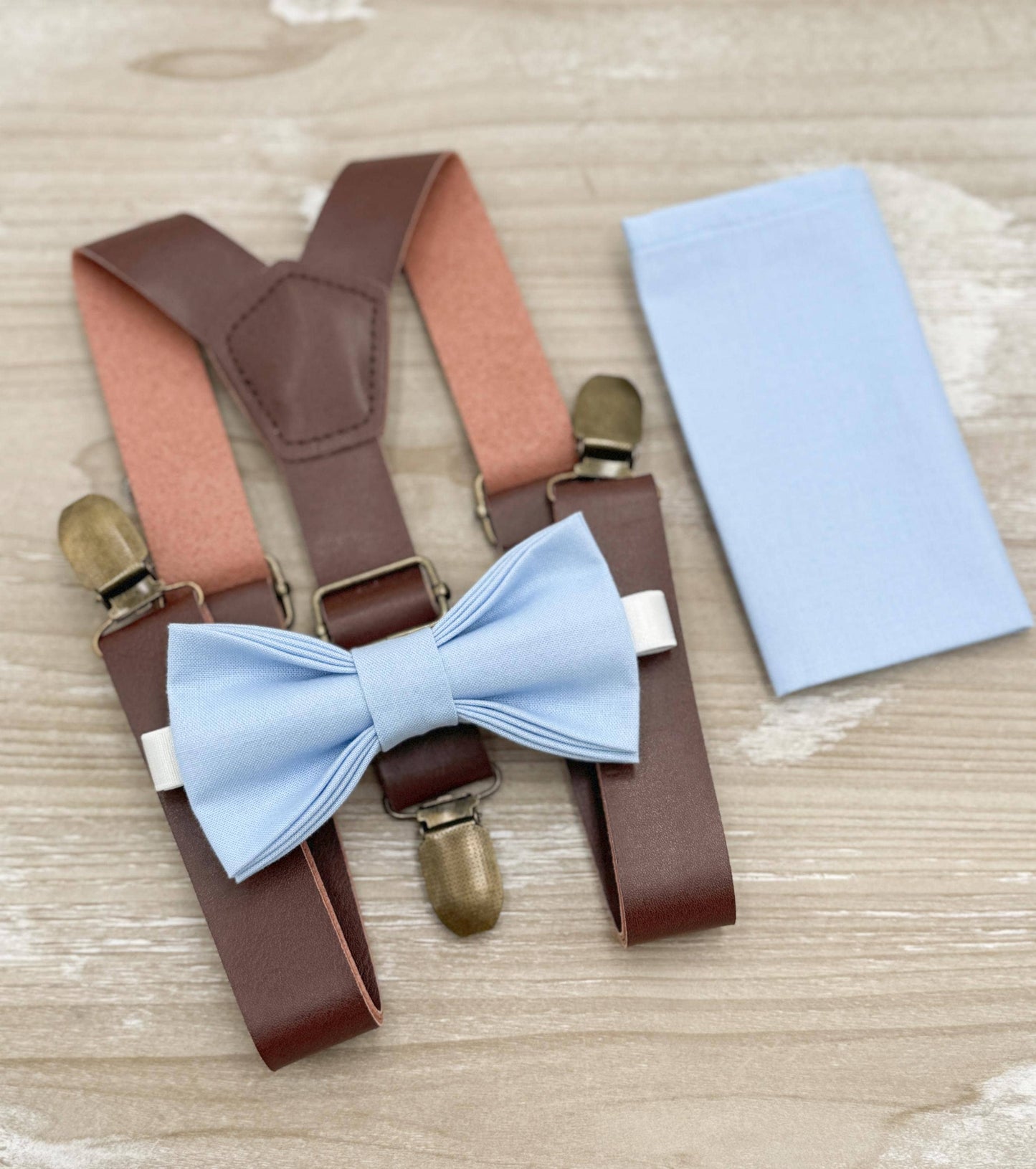 Ice Blue Bow tie & Suspenders | Leather Braces | Pocket Square | Ring Bearer Outfit | Boho Rustic Wedding Set
