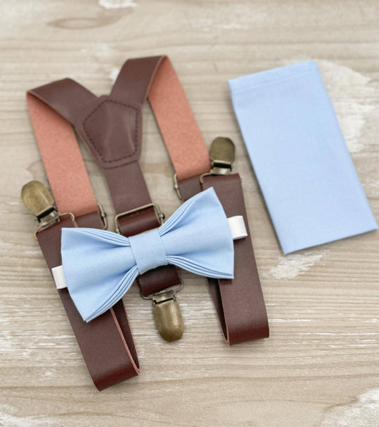 Ice Blue Bow tie & Suspenders | Leather Braces | Pocket Square | Ring Bearer Outfit | Boho Rustic Wedding Set