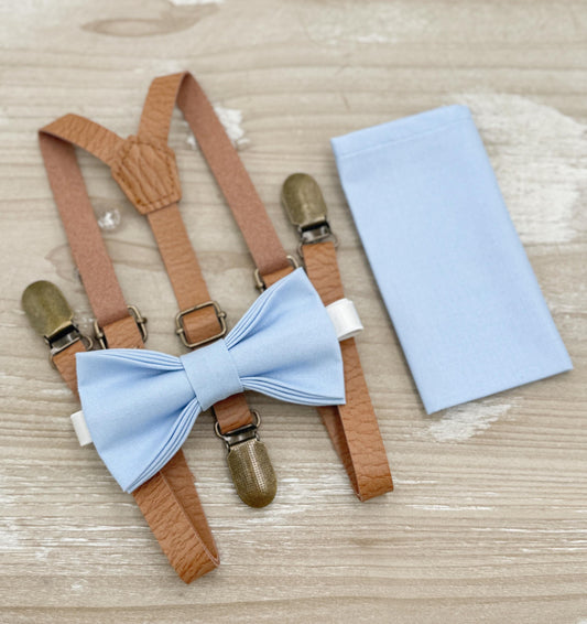 Ice blue Bow tie & Suspenders | Skinny Leather Light Brown Braces | Sky Blue Bow | Pocket Square | Ring Bearer Outfit | Boho Rustic Wedding