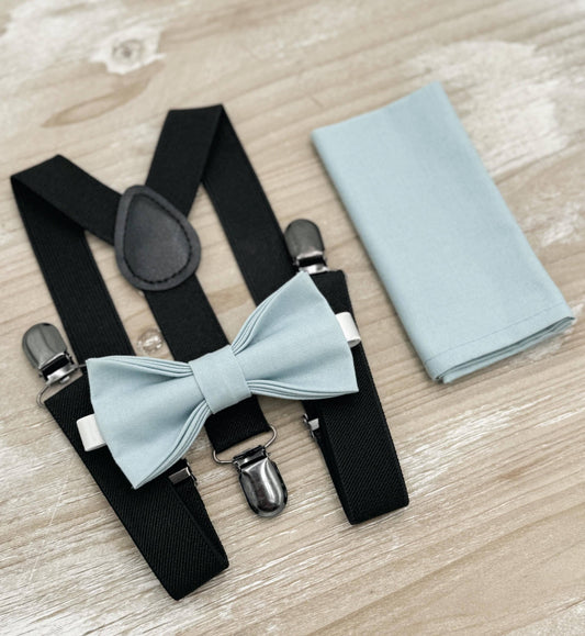 Mist Bow tie & Suspenders | Black Braces | Sky Blue Bowtie | Dusty Blue Bow | Pocket Square | Ring Bearer Outfit | Boho Rustic Wedding Set
