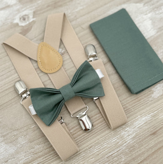 Eucalyptus Bow tie & Suspenders | Champagne Braces | Pocket Square | Ring Bearer Outfit | Boho Rustic Wedding Outfit | Groomsman Gift